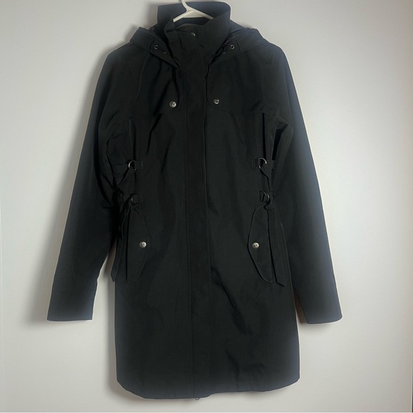 ATHLETA Women’s Midtown Rain Trench Coat Size Small Hooded Black Jacket - Picture 2 of 14